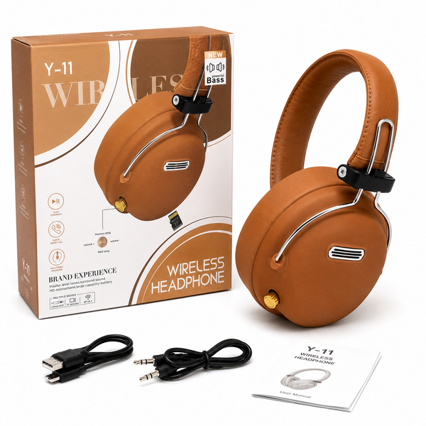 Y-11 Wireless Bluetooth Headphones – Deep Bass | TF Card | AUX | Built-in Mic | Brown